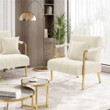 Butterslay 1pc Upholstered Accent Chair Modern Velvet Chair With Golden Metal Legs & Cozy Pillow, Leisure Arm Chair For Home Office - 米色 - 查看 1