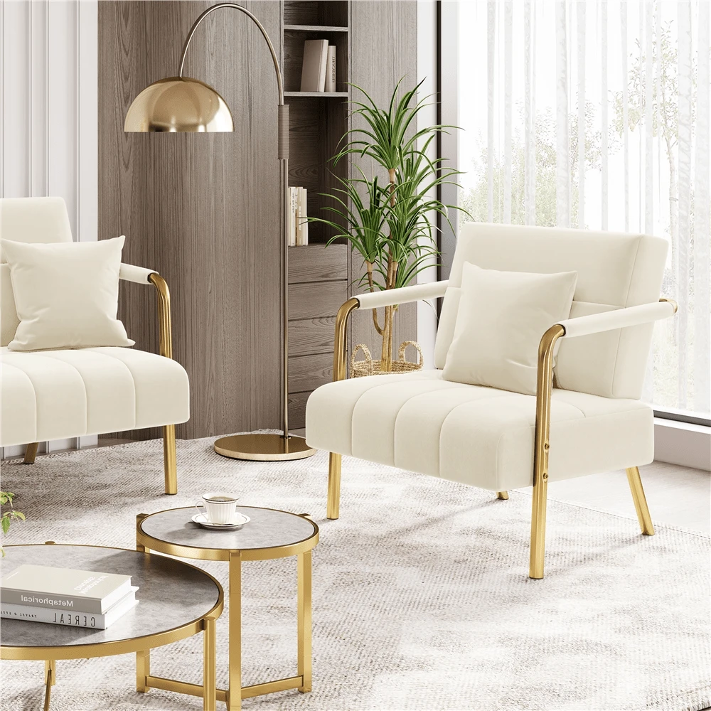 Butterslay 1pc Upholstered Accent Chair Modern Velvet Chair With Golden Metal Legs & Cozy Pillow, Leisure Arm Chair For Home Office - 米色 - 查看 1