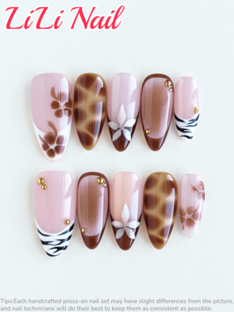 10 Pcs Handcrafted Acrylic Press On Nails, Nails Supplies, Almond Nails, Press On Nails Medium, Pink Nails Brown Nails Christmas Nails, Cheap, Cute Nails, French Tip Nails, Leopard Nails, Fall Press On Nails, Party, Gold Beads, Floral Nail, Zebra Print, Fine Shimmer, Solid Color, Fake Nails, Nail Set, Uv Light Nails, Nail Art Tool,