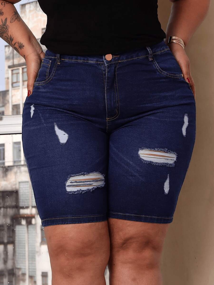 Women's Plus Size Denim Bermuda Shorts With Rips, High Waist, And Lycra - Shapes And Fits Well. - 深色水洗藍 - 查看 1
