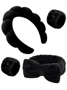 2pcs Facial Headbands/2pcs Facial Wristbands/3sets Spa Headbands, Makeup Headbands, Facial Headbands, Skincare Headbands, Pink Velvet Fluffy Sponge Headbands, Bows, Scrunchies, Spa Headbands, Wristbands, Women & Girls Hair Accessories Set (4pcs/Set)