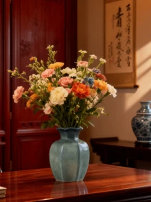 1个八角形陶瓷花瓶，青蓝色，经典中式设计，可注水插花，适合摆放在玄关、桌面等多种场合。 - 彩色 - 查看 3