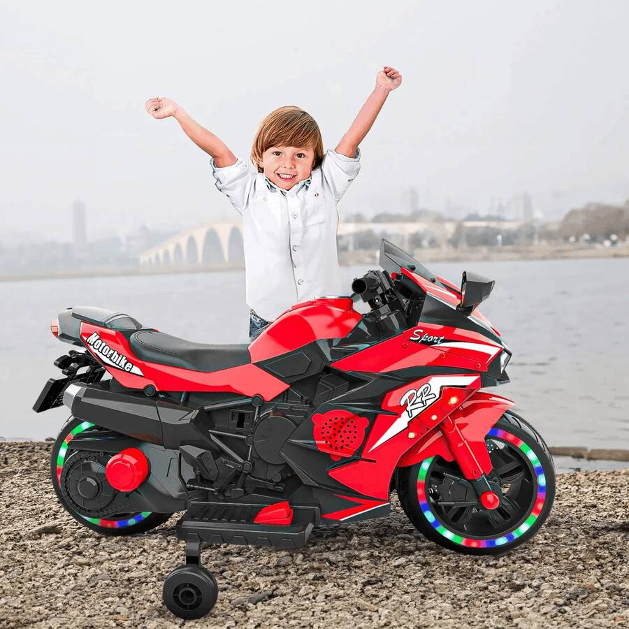 12V Children's Motorcycle, Electric Motorcycle With LED Lights, Red, Two Wheels - Red - View 1