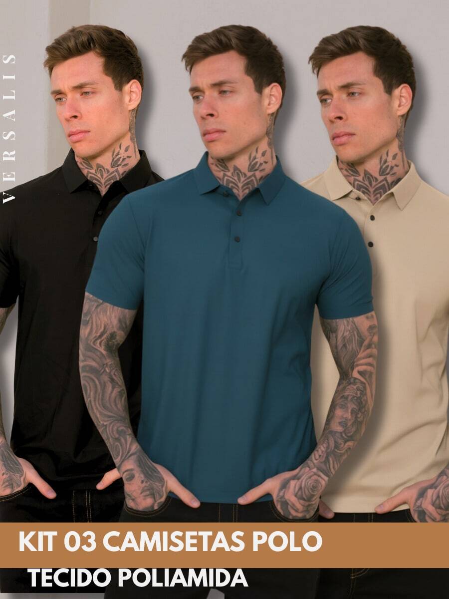 Kit Of 3 Premium Polyamide Polo Shirts For Men With Collar And Buttons, Breathable Fabric - Black/Petroleum Blue/Beige - View 1