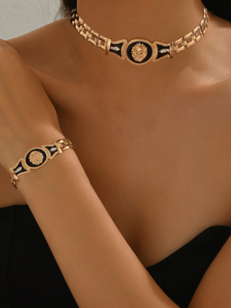 2件套 秋冬新款创意油滴狮头复古朋克风项链手链套装