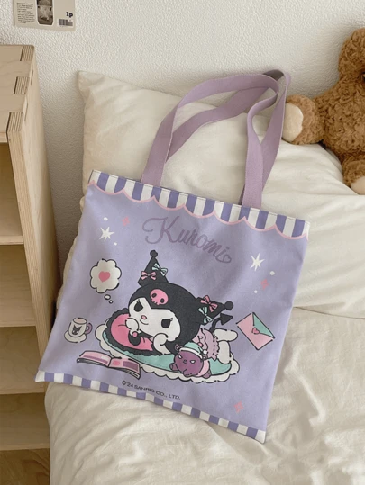 Official  Purple Canvas Shoulder Tote Bag, Cute Kawaii Cloud-Themed Character Print, Spacious Large Capacity, Comfortable Wide Shoulder Straps, Stylish Purple Striped Trim, Lightweight Portable Design, For Teen Girls/Students/Young/Santosok, Daily /Sanrios/Scht/Schals/Schrok/Sanrios, Daily/Sanrios, Daily/Sfloo Birthday/Holiday Gift