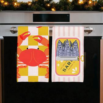 2 piezas Toallas de cocina con patrón de lata de sardinas y cangrejo en acuarela, de material de microfibra suave de 40*60cm, adecuadas para el hogar, la cocina, el restaurante, el camping al aire libre, la limpieza de la mesa, el lavado de platos, regalo para fiestas