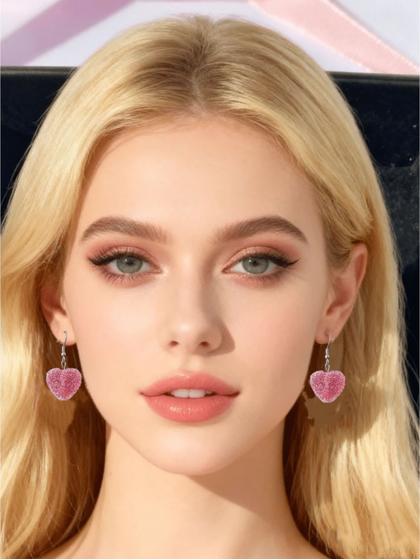 1对全新闪亮心形吊坠耳环，情人节送给朋友的可爱礼物 - 玫瑰紅 - 查看 1