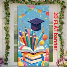 2D Bannière plate de fête de rentrée scolaire, faite de polyester. Conception d'arrière-plan d'entrée de campus de saison de remise des diplômes avec crayon, livre, ballon, ruban, feux d'artifice, éléments d'étoile. Décoration murale polyvalente pour la maison, le bureau, l'extérieur, le studio, les fêtes, les cadeaux, sans alimentation électrique requise - Bleu azur - Voir 5
