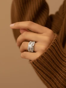 一套925纯银英国女王三件套戒指，镶嵌白色锆石，女士珠宝，基础款单枚戒指，精致珠宝，适合女孩生日、舞会等场合作为礼物 - 款式3 - 查看 4