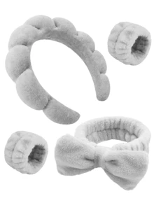 2pcs Facial Headbands/2pcs Facial Wristbands/3sets Spa Headbands, Makeup Headbands, Facial Headbands, Skincare Headbands, Pink Velvet Fluffy Sponge Headbands, Bows, Scrunchies, Spa Headbands, Wristbands, Women & Girls Hair Accessories Set (4pcs/Set)