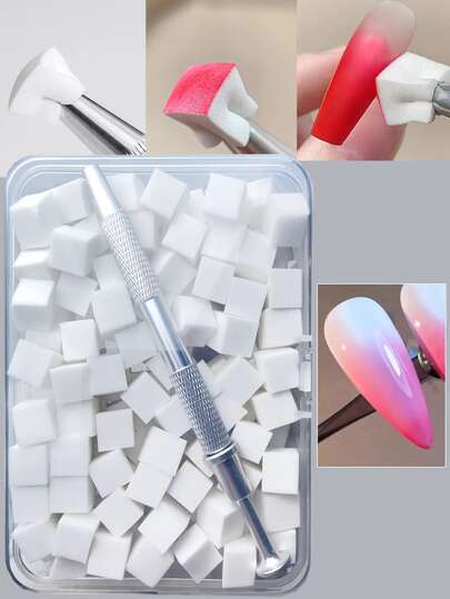 100 piezas Mini bloques de esponja suave con bolígrafo de agarre para pintura de uñas, degradado de gel y herramientas de accesorios de arte de uñas profesionales para manicura
