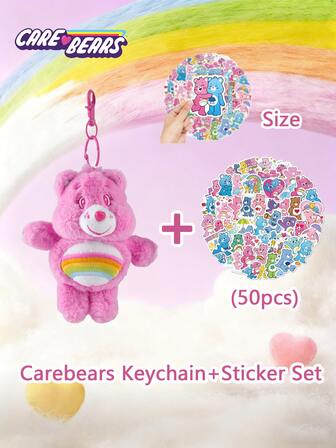  2PCS Carebears Officially Licensed Cheer Bear Keychain Accessory Stickers Set DIY Teddy Bear Practical Key Holder Bag Charm Perfect Gift For Care Bears Fans