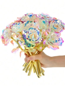 12Pcs/6Pcs/1Pc Artificial Flower, Rose Artificial Flower, PVC Artificial Flower With Stem, White Plastic Flower Faux Flower, Romantic Holographic Flower Decor Home Decoration And Party, Home Decoration, Wedding Gift, Birthday Gift, Anniversary Gift, Artificial Flower Arrangement - Multicolor - View 12