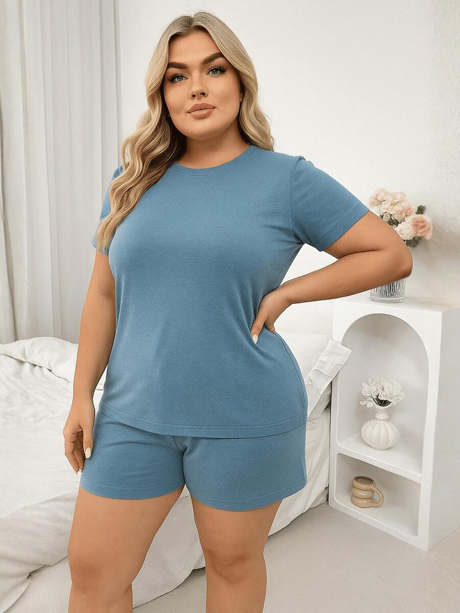 Women's Plus Size Pajama Set With Star Print And Short Sleeves - Azul - Ver 1