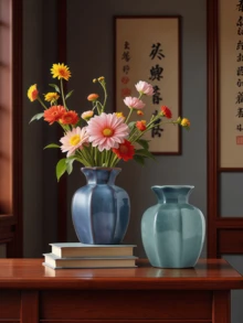 1个八角形陶瓷花瓶，青蓝色，经典中式设计，可注水插花，适合摆放在玄关、桌面等多种场合。 - 彩色 - 查看 2