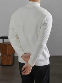 Men's Solid Color Minimalist Casual Ribbed Turtleneck Long Sleeve Sweater - White - View 2