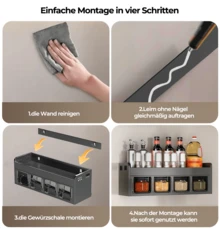 [4 Fächer-Design][37 cm * 13 cm * 14 cm]Wandmontierter Schubladenspender mit 4 Fächern, geeignet zum Aufbewahren von Gewürzen, Salz und Glutamat in Haushaltküchen, bohrfreie Gewürzaufbewahrung, Küchenzubehör, Küchen-Salz- und Pfefferstreuer / Gewürzfläschchen - Vier schwarze Gitter - Übersicht 5