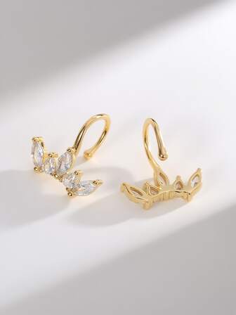 Charm-In 1 Pair Fashionable & Elegant 18K Gold Plated Brass Zirconia Stone Clip-On Earrings, Gift For Valentine's Day, Mother's Day