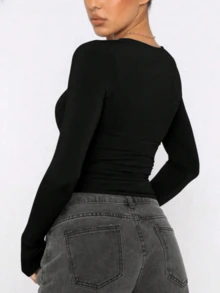 ملابس خريفية للنساء، بلوزات ضيقة بلون أحادي، رقبة على شكل حرف O، أكمام طويلة، ملابس كاجوال للخروج