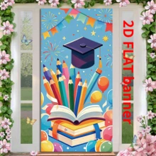 2D Bannière plate de fête de rentrée scolaire, faite de polyester. Conception d'arrière-plan d'entrée de campus de saison de remise des diplômes avec crayon, livre, ballon, ruban, feux d'artifice, éléments d'étoile. Décoration murale polyvalente pour la maison, le bureau, l'extérieur, le studio, les fêtes, les cadeaux, sans alimentation électrique requise - Bleu azur - Voir 4