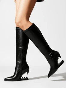 Women's Knee High Boots With Sculpted Tooth Heel, Pointed Toe Design, Futuristic Cyberpunk Style Perfect For Party Or Streetwear Looks,Punk Street Fashion,Halloween\Christmas Party Wear - màu đen - Xem 5