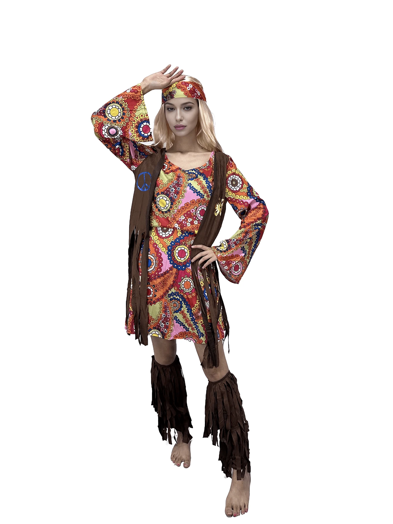Bộ 4 món - Váy nữ phong cách hippie thêu tua rua, chân váy dài màu nâu kiểu bohemian và tất giữ ấm chân có tua rua, trang phục dự lễ hội âm nhạc. - Nhiều màu - Xem 1