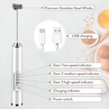 Rechargeable Handheld Milk Frother | 3-Speed Rechargeable Whisk With3 Detachable Heads, Compact Baking Tool For Thin Batter / Eggs / Cookies| Ideal For Tiny Kitchen / RV / Camping (Macaron Purple & White) - 白色,3個攪拌器 - 查看 4