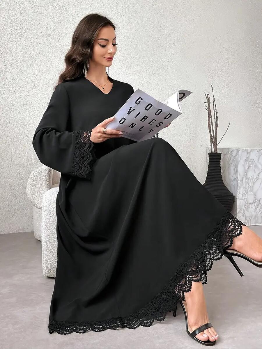 Women's Elegant Arabic Long Sleeve Abaya Dress - Black & White Lace Trim, 100% Polyester, Machine Washable, Micro-Stretch Summer Casual Wear, Middle Eastern Collection Spring - Black - View 1