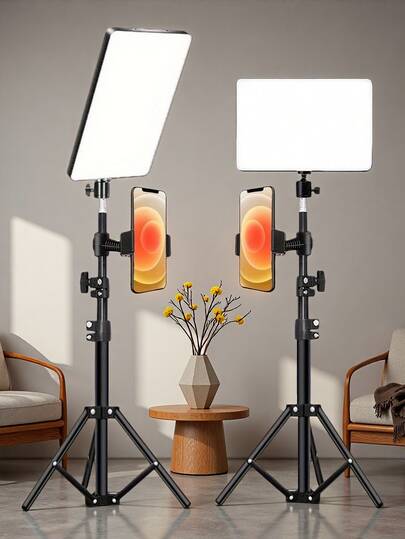 Fotobelysningskit, studiobelysningsset med 43-tums justerbart stativ, 10-tums fyrkantig LED-softboxlampa, dimbar 3-färgs belysning, lämplig för videoinspelning, fotostudio, konferens, livestreaming, med telefonhållare