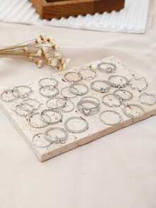 28pcs Minimalist Rhinestone Heart & Wave Multi-Joint Stackable Rings Set, Gold Geometric Ring Set - Silver - View 4