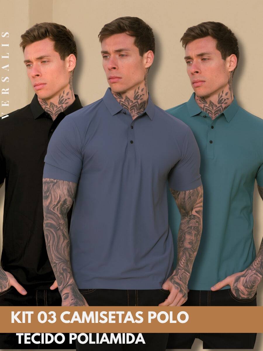 Kit 03 Premium Polyamide Polo Shirt Men's Shirt With Collar And Button Breathable Fabric - 黑色/鋼藍色/綠色 - 查看 1