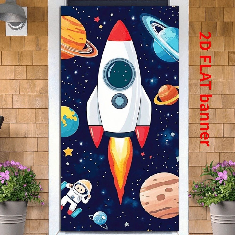 2d Door Banner, 1 Space Exploration Door Banner Made Of Durable Polyester, No Power Required, Reusable Indoor And Outdoor Decoration With Colorful Rocket And Astronaut Designs