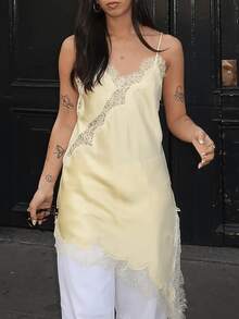 HZXVIC 女士新款纯色性感优雅蕾丝拼接缎面连衣裙 - 黃色 - 查看 8