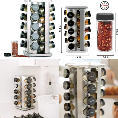 Estantería de 20 frascos Orii con organizador de torre de vida para especias y condimentos de cocina (acero inoxidable)