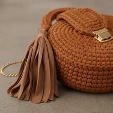 Women's Round Crochet Bag With Tassel And Chain, Macrame Style, Gold Clasp, Minimalist, Casual, Formal - Camel - View 3