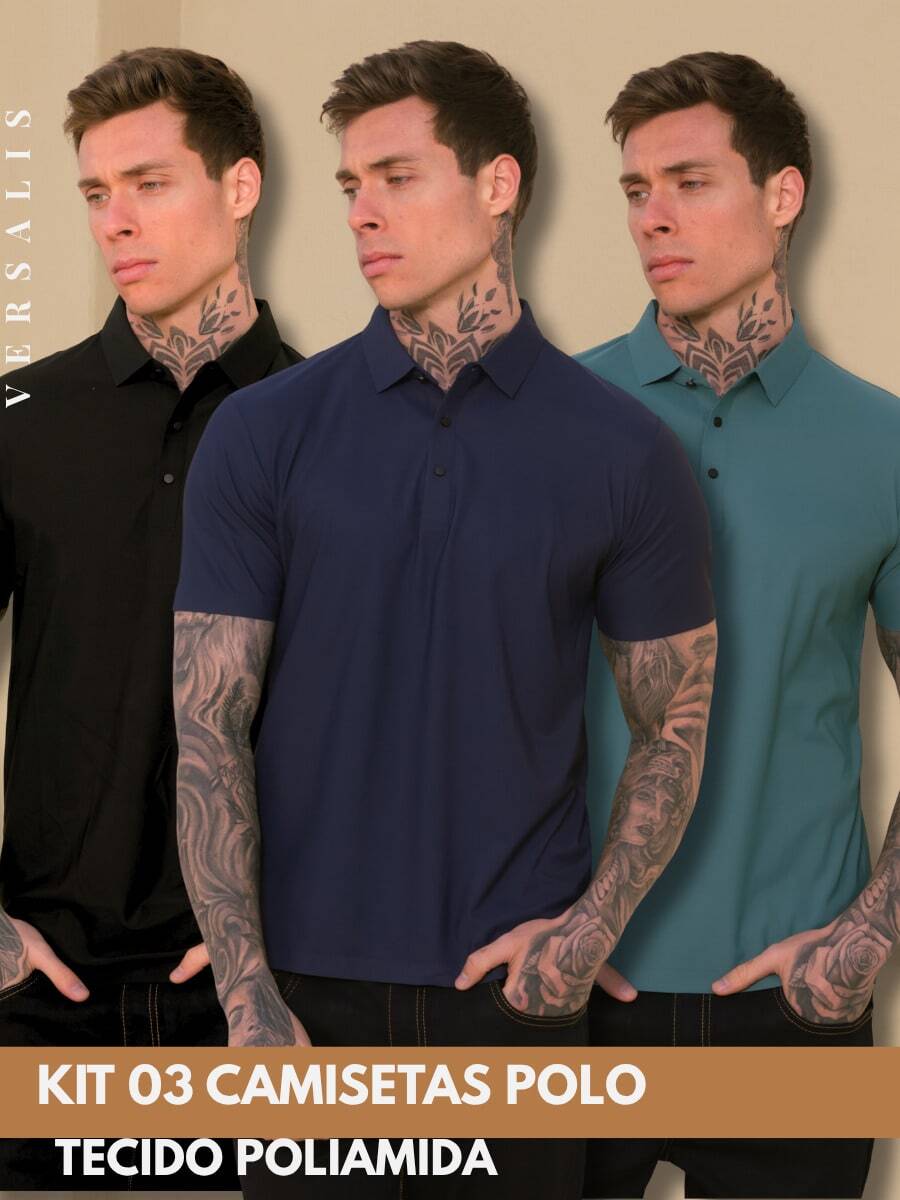 Kit 03 Premium Polyamide Polo Shirt Men's Shirt With Collar And Button Breathable Fabric - 黑色/海軍藍/綠色 - 查看 1