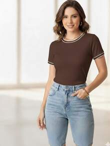 Women's Basic Short-Sleeve Round Neck Blouse In Ribbed Fabric With Details On The Neck And Sleeves - Rust Brown - View 1