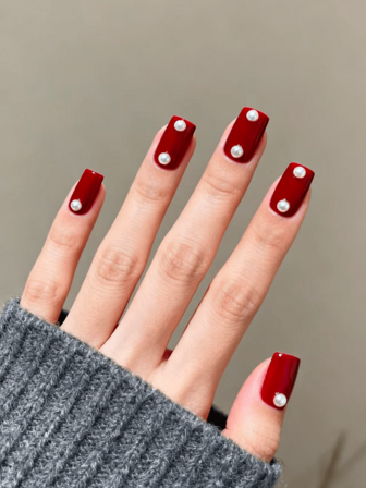 24pcs Red Square Pearl Decor, Minimalist & Fashionable/Cute Press-On Fake Nails, Suitable For Daily, Business, Dates, Parties, Birthdays, Holidays, Reusable
