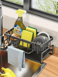 Soporte para esponja de fregadero - Cesta de drenaje automático, organizador de platos de acero inoxidable con estante de tela extraíble, dispensador de jabón y soporte para cepillo de baño - Multicolor - Ver 1