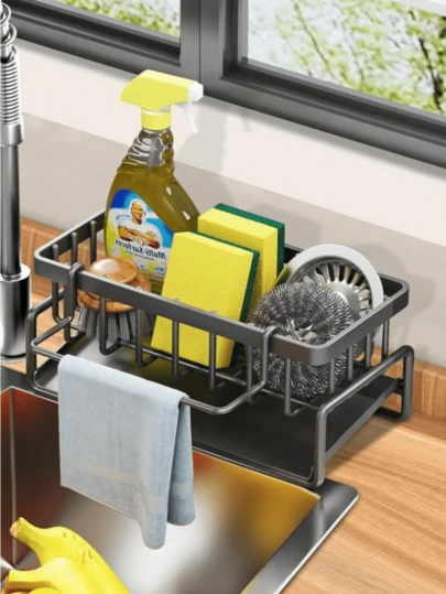 Soporte para esponja de fregadero - Cesta de drenaje automático, organizador de platos de acero inoxidable con estante de tela extraíble, dispensador de jabón y soporte para cepillo de baño