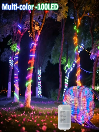 1 Pack 5m/10m Battery-Powered String Lights, 8 Modes, Tubular Copper Wire Light Rope, White Light/Colorful Light/Warm Light, Suitable For Gardens, Weddings, Parties, Garlands, Christmas, Ambiance Decor (Product Does Not Include Batteries)