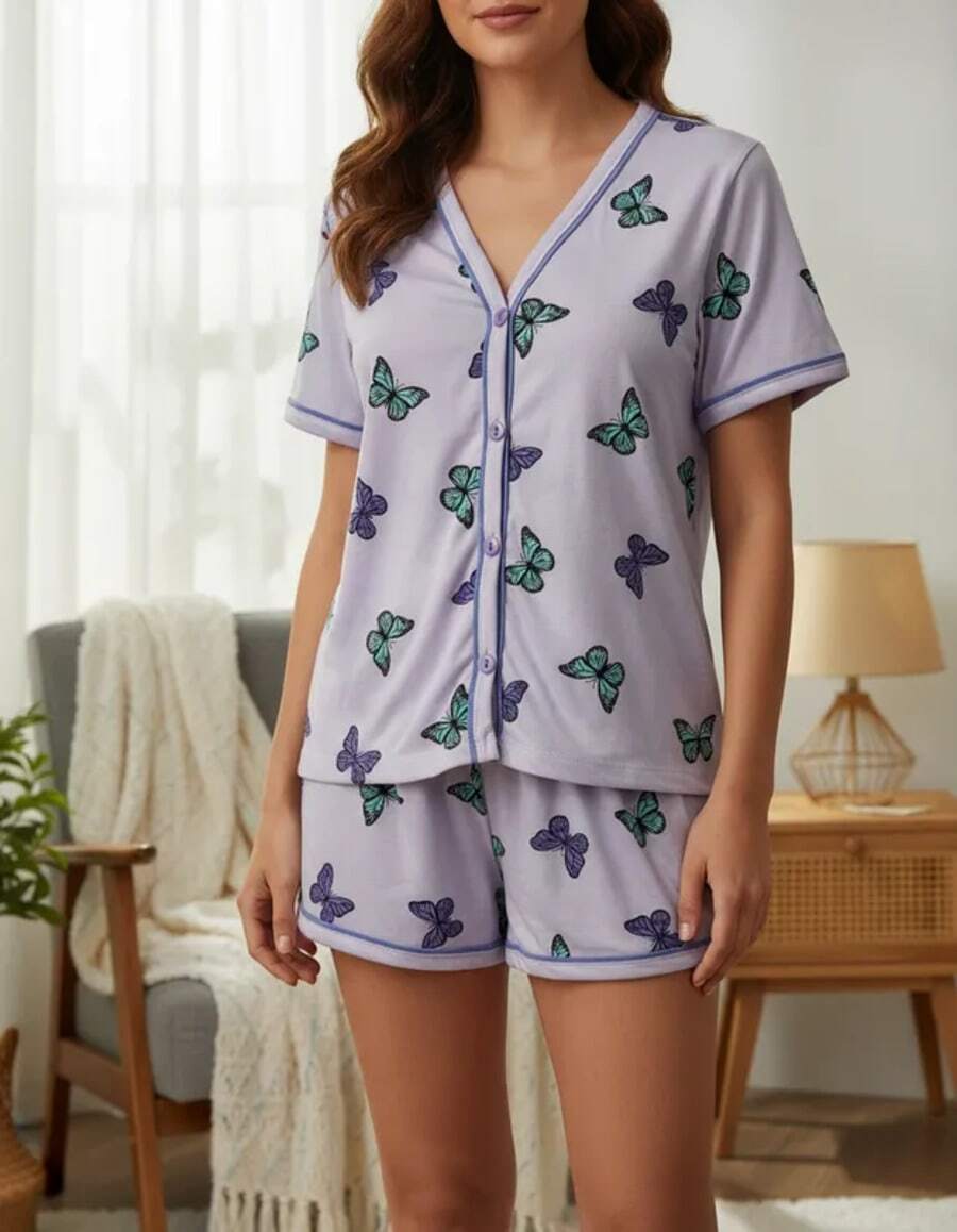 Women's Adult American Pajama Set, Blogger Style, Shirt And Shorts, Summer, Maternity/Breastfeeding, Premium Style With Front Button Opening - 淺灰紫 - 查看 1