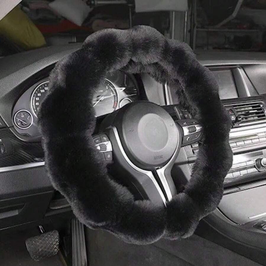 1pc Soft Fluffy Bubble Steering Wheel Cover Warm Comfortable No Inner Ring Car Steering Wheel Protector Winter Driving Essential Accessories - 黑色 - 查看 1