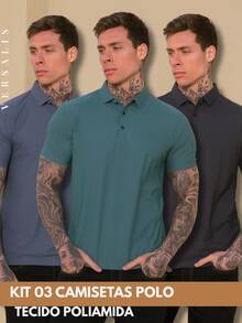 Kit 03 Premium Polyamide Polo Shirt Men's Shirt With Collar And Button Breathable Fabric - 鋼藍/綠色/鉛色 - 查看 1