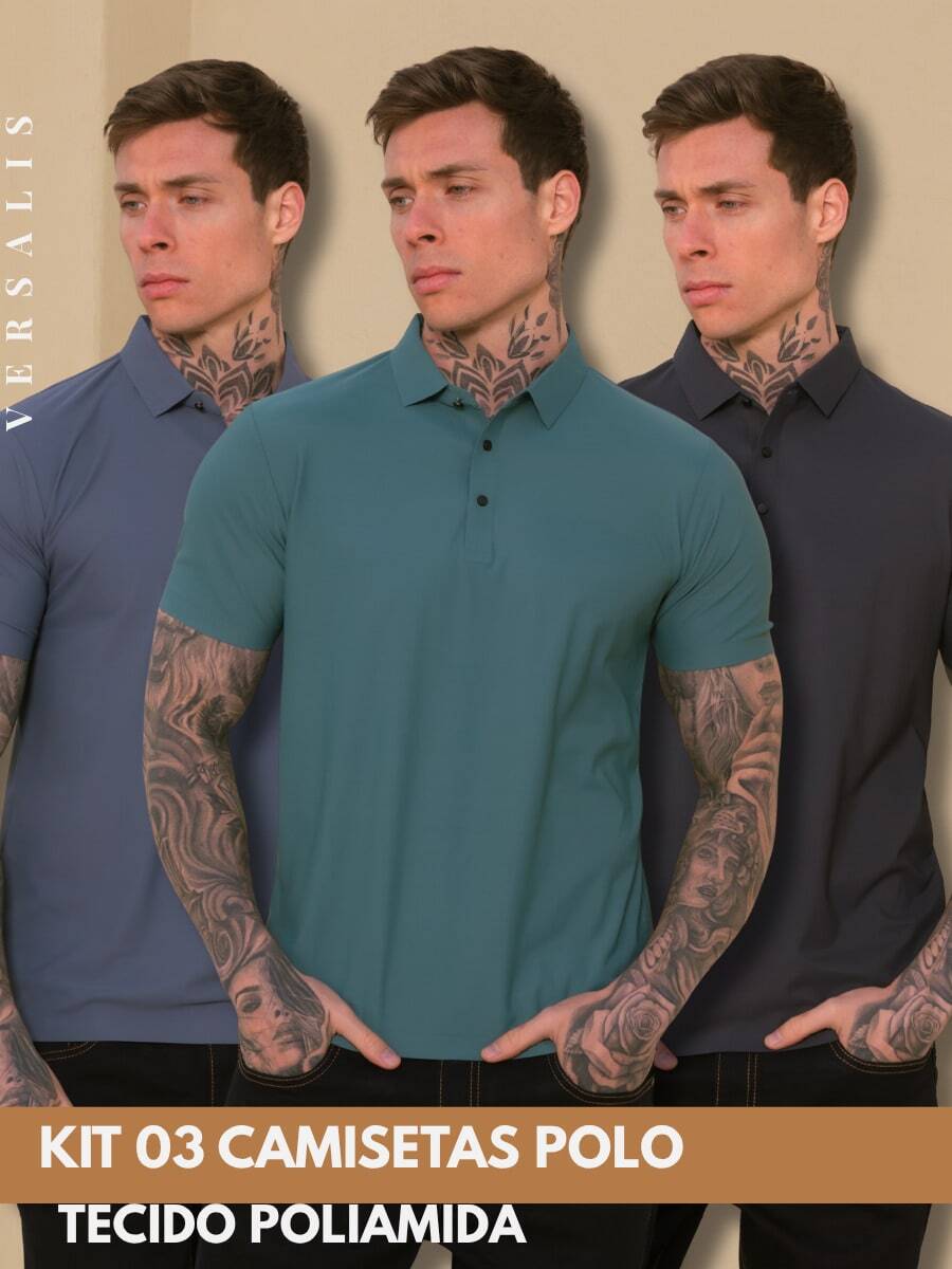 Kit 03 Premium Polyamide Polo Shirt Men's Shirt With Collar And Button Breathable Fabric - 鋼藍/綠色/鉛色 - 查看 1