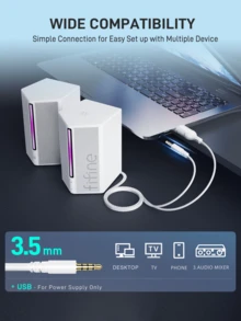 Computer Speakers, PC Speakers For Desktop With RGB, Volume Control, Gaming Speakers USB Powered Wired With Bass Boost, Volume Control, Power On/Off, Controllable RGB, 3.5mm Aux Audio Cable For Laptop Monitor Phone Tablet-FIFINE A20 White - White - View 9