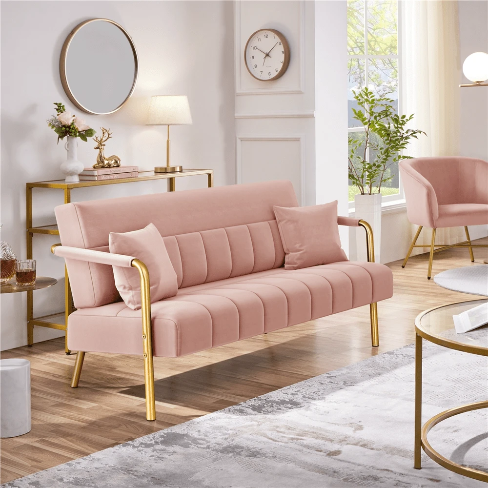 1pc Velvet Upholstered Sofa Couch, Chic Sofa With Mid-Height Backrest, Elegant Loveseat With Gold-Tone Metal Legs For Bedroom, Studio, Office - 粉色 - 查看 1