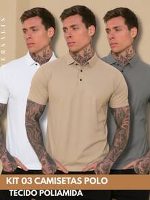 Kit Of 3 Premium Polyamide Polo Shirts For Men With Collar And Buttons, Breathable Fabric - Beige/Gray/White - View 1