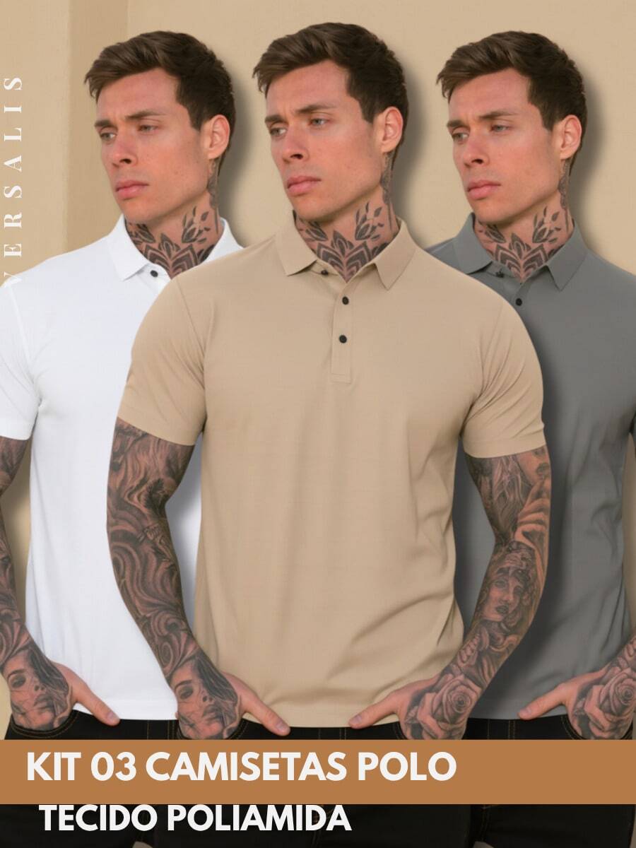 Kit Of 3 Premium Polyamide Polo Shirts For Men With Collar And Buttons, Breathable Fabric - Beige/Gray/White - View 1